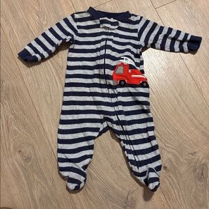 Striped Baby sleeper footie with Firetruck